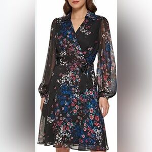DKNY Floral Chiffon Long Sleeve Dress V-Neck Black Floral Tiered Size 2 Collared